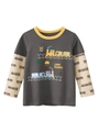 Kids long sleeve t-shirt with cartoon train print and mock-layer sleeves in dark grey - 90cm / Dark Gray