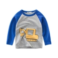 Boys long sleeve raglan T-shirt with yellow excavator print and blue gray color block - Heather Grey/Blue / 90cm