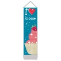 Detail of fabric wall hanging showing I love ice cream graphic and strawberry topping - 32.5x130cm / Style 2 (I Love Ice Cream)