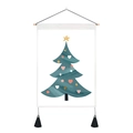 Detail of Christmas tree wall hanging with wooden pole, tassels, and artistic festive print - 35x50cm / Artistic Blue-Green Christmas Tree