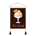 Detail of wall tapestry featuring Love Sweets dessert print with wood pole and tassels - Ice Cream Sundae (Style 3) / 35x50cm