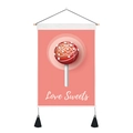 Detail of pink wall tapestry with Love Sweets candy print and black tassels - Lollipop (Style 5) / 35x50cm