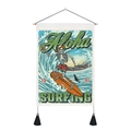 Detail of vintage surf tapestry with skull, surfboard, wood rod and black tassels - Skeleton Wave Illustration (Style 5)