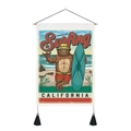 Detail of vintage bear surfing tapestry with wooden pole and black tassel accents - California Brown Bear Surfing (Style 6)