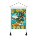 Detail of Hawaii Surfing Paradise wall tapestry with Tiki wood carving and black tassels - Tiki Wood Carving Hawaii (Style 7)
