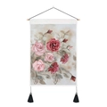 Vintage watercolor rose tapestry with pink flowers, wooden hanging rod and black tassels - Style 2 / 35x50cm