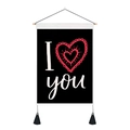 Detail of black Valentine tapestry with heart print, wooden rod and tassels - I Love You (Style 6)