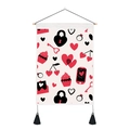 Close-up of heart-themed tapestry featuring a wooden rod, black tassels and cute prints - Romantic Icons (Style 7)