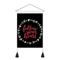 Black tapestry with follow your heart botanical wreath, wooden rod and tassels decoration - follow your heart (Style 11)