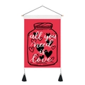 Detail of red Valentine tapestry with heart jar design and white text all you need is love - all you need is love (Style 12)