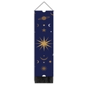 Detail of dark blue starry tapestry with gold moon phases, stars and black fringe tassels - 32.5x130cm / Dark Blue