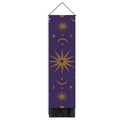 Detail of celestial tapestry featuring gold star and moon prints with black fringe tassels - 32.5x130cm / Deep purple
