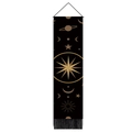 Detailed macro view of black celestial tapestry with sun, moon, and planet motifs - 32.5x130cm / Black