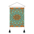 Detailed view of mandala tapestry with wood rod, hanging rope and black twin tassels - 35x50cm / Cyan Orange Mandala Style (款式4)