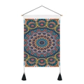Detail of bohemian mandala tapestry with wooden bar, hanging rope and black tassels - 35x50cm / Dark Blue & Mustard Yellow Mandala Style (Style 5)