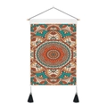 Detail of bohemian mandala tapestry with wooden hanging rod and black tassels - 35x50cm / Orange Teal Beige Mandala Style (Style 11)