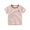Brown and white striped kids short sleeve cotton T-shirt with small sailboat embroidery - 90cm / Brown Striped