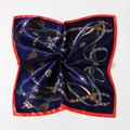 Navy blue silk square scarf with vintage royal chain patterns and red borders - Vintage Court Chain Pattern (Style 3) / 50x50cm / Navy Blue & Red