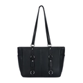 Grande borsa tote vintage nera in pelle martellata con borchie in argento e anelli - Nero (Grana Litchi 6713)