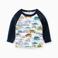 Toddler raglan long sleeve T-shirt with colorful cartoon vehicle print on white base - 90 / White Royal Blue Sleeve