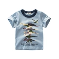 Light blue kids dinosaur t-shirt with contrast navy neckline and camo dinosaur prints - 90 / Aqua