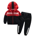 Kids sports suit featuring a red and black color-block hooded jacket and joggers with stripes - Dt3710 Black And Red / 130cm