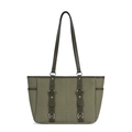 Army green tote bag in herringbone fabric with leather straps and metal ring details - Green (Chevron 5713)
