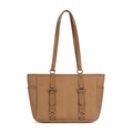 Brown herringbone weave tote bag with synthetic leather straps and silver hardware - Khaki (Chevron 5713)