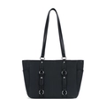 Retro black canvas tote bag with V-shaped weave and leather straps in a minimalist style - Black (Chevron 5713)