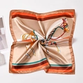 Elegant khaki silk square scarf with equestrian pattern and smooth satin finish - Exquisite Equestrian Theme (Style 11) / 50x50cm / Khaki Gold Equestrian