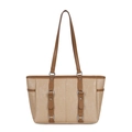 Beige tote bag with vertical stripes and brown leather straps in a minimalist style - Khaki (Vertical Stripe 7713)