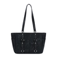 Retro black tote bag with silver ring hardware and decorative straps in a variant style - Black (Vertical Stripe 7713)