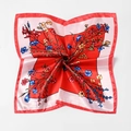 Red square silk scarf with floral print and white border shown in spiral fold - Bright Red Floral Style (Style 18) / 50x50cm / Bright Red Pink White Edge
