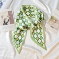 Elegant green and white checkered satin silk scarf with yellow heart print for hair and bags - Light Green Grid