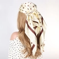 Polka dot satin headscarf in cream yellow and brown stripes on a model prop - #3 Beige