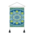 Detail of bohemian mandala tapestry with wooden pole, blue-green geometric print and tassels - 35x50cm / Dark Blue, Sky Blue & Grass Green Mandala (Style 15)