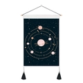 Starry galaxy tapestry with pink planets, gold stars, wooden pole and black tassels - 35x50cm / Pink Starry Orbit (Style 2)