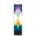 Detailed vertical chakra tapestry with colorful symbols, hanging rope, and black tassels - 32.5x130cm / Purple Background Human Silhouette (款式4)