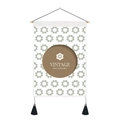 Detail of vintage wall tapestry featuring teal patterns, wooden rod and black tassels - Circular Vintage Texture (Style 5) / 35x50cm