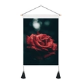 Macro detail of red rose wall hanging with water drops and wood rod decorative tassels - 35x50cm / Red Rose Macro Style (Style 3)