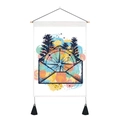 Detail of vintage compass and envelope print tapestry with wooden rod and black tassels - Retro Compass Envelope And Trees Style (Style 5) / 35x50cm