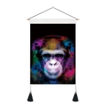 Detail of artistic chimpanzee tapestry with colorful paint splatter and black tassels - Splatter Chimpanzee Headphones Sunglasses Style (Style 9) / 35x50cm