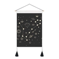 Close-up of black tarot tapestry with wooden hanger and mystical celestial pattern - 35x50cm / Mystic Astrology Symbols (Style 7)