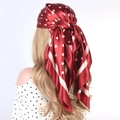Deep red satin square headscarf with white polka dots shown in a draped style - #5 Red