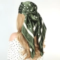 Dark green satin square scarf with white polka dots worn as an elegant headscarf - #2 Green