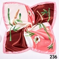 Silk square scarf featuring green bamboo and pink floral patterns on a dark brown base - Chinese Bamboo Plum Style (Style 30) / 50x50cm / Pink Brown White Freehand