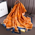 Orange and navy blue paisley print silk-like satin scarf for women 180cm wrap shawl - 180*90CM / Orange