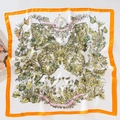 Detail of vintage butterfly and floral print silk scarf with orange contrast border - Orange / 70*70cm