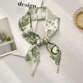 French retro white twilly scarf with green floral pattern and letter G detail - Letter G (White Base Green Toile de Jouy)