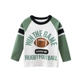 Boys long sleeve raglan cotton t-shirt with American rugby print and green sleeves - 90cm / Cream/Sage Green